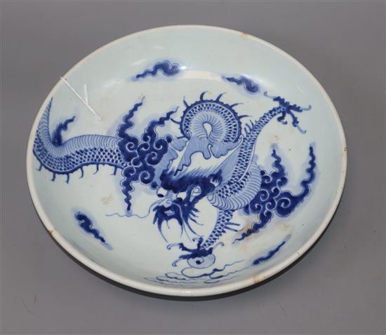 A Chinese blue and white dragon dish, Yongzheng period diameter 28cm